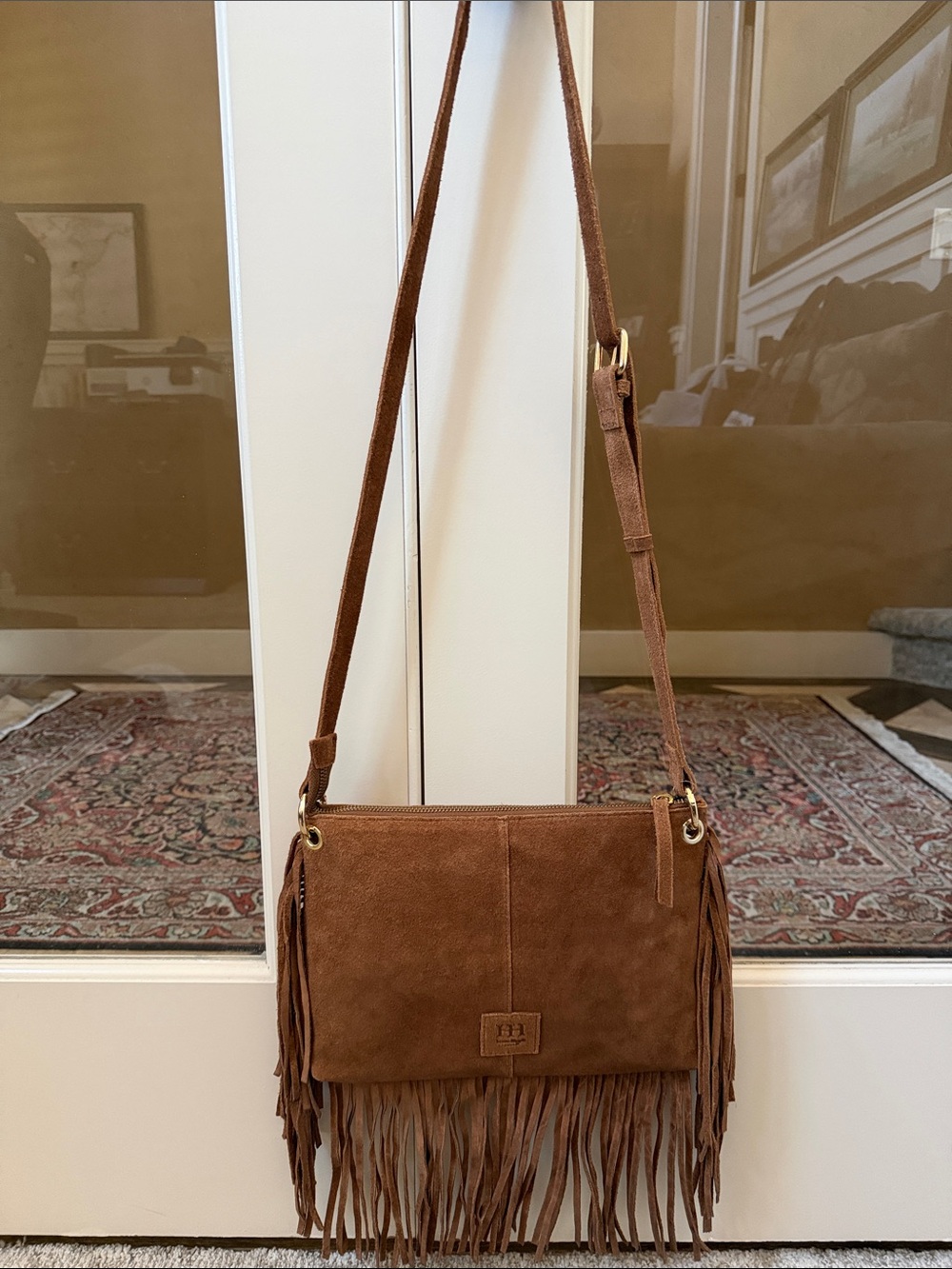 NWOT Haute Hippie Women’s Tan Genuine Suede Fringe Zip Top Crossbody Bag - Picture 2 of 7